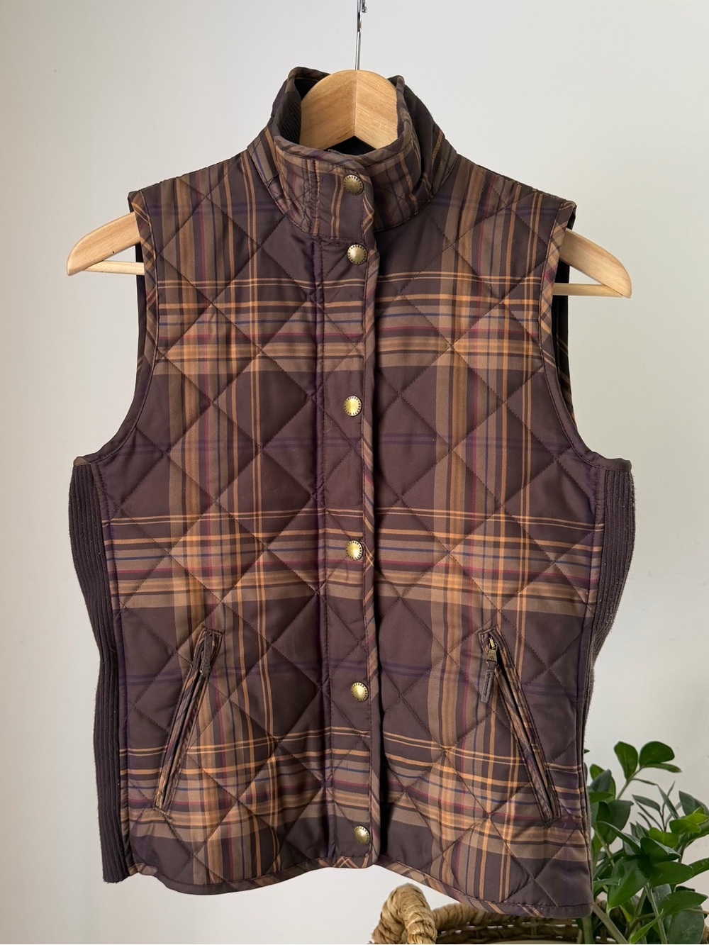 Women's LAUREN Ralph Lauren Quilted Vest Brown Plaid Equestrian Jacket Size XS